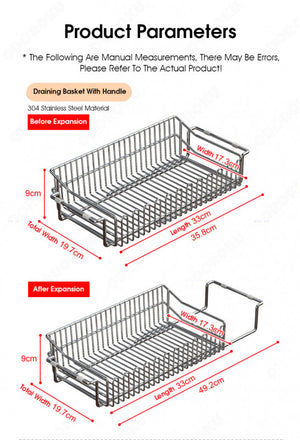 ODOROKU 304 Stainless Steel Extendable Over the Sink Dish Rack With Chopstick Tray Drying Organizer Dish Drying Rack Draining Basket Adjustable Expandable Large Capacity Storage For Fruits Vegetables Bowls Plates Utensils Cutlery Kitchen Storage - ODOROKU