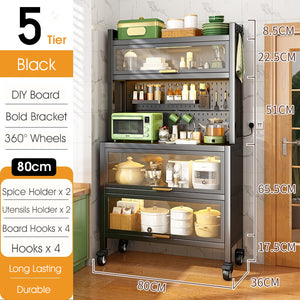 ODOROKU 80/100cm Heavy Duty Bakers Rack with Flip Door Kitchen Rack Microwave Rack with Wheels Kitchen Storage Rack with Wire Holes Kitchen Multi-Tier Rack for Spices Pots and Pans Black White - ODOROKU