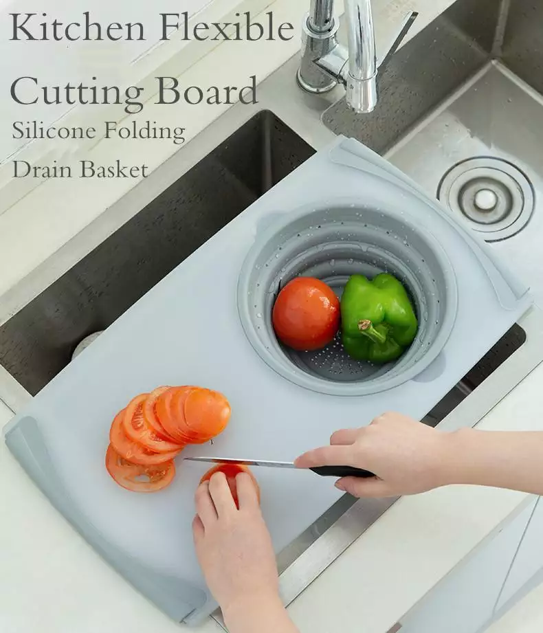 ODOROKU 3 in 1 Cutting Board Multi Function Chopping Block With Foldable Container Kitchen Sink Drain Basket Detachable Folding Drain Basket Sink Cutting Board Antibacterial Non-slip Storage Multifunction Washable Cutting Board for Meat Vegetable Fruit - ODOROKU