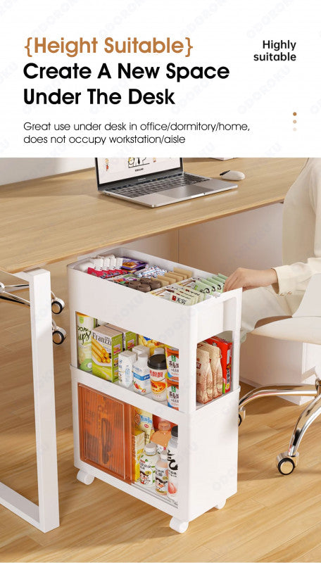 ODOROKU Slim Storage Rolling Cart with Wheels 3-Tier Snack Storage Cabinet Plastic Utility Cart Multifunctional Shelving Unit Trolley with Sliding Door Multi Compartment for Kitchen Bedroom Office Bathroom White - ODOROKU