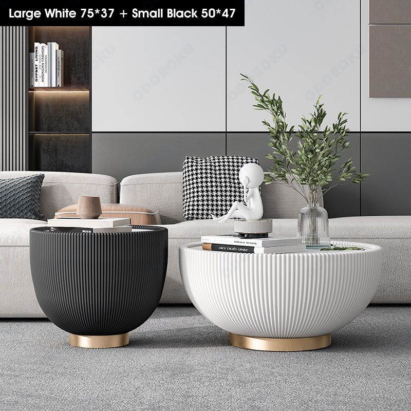 ODOROKU Sintered Stone Coffee Table with Microfiber Leather Set of 2 Set Golden Frame Minimalist Circular and Marble Material Pattern Tables, Living Room Bedroom Apartment Modern Industrial Space Saving - ODOROKU