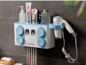 ODOROKU Toothbrush Holder and Toothpaste Dispenser with Cups Hair Dryer Holder Wall Mounted Large Capacity Multiple Compartment Dustproof Squeezer Toothpaste Dispenser Hands Free Squeeze Out for Family Washroom Bathroom White Grey Blue - ODOROKU