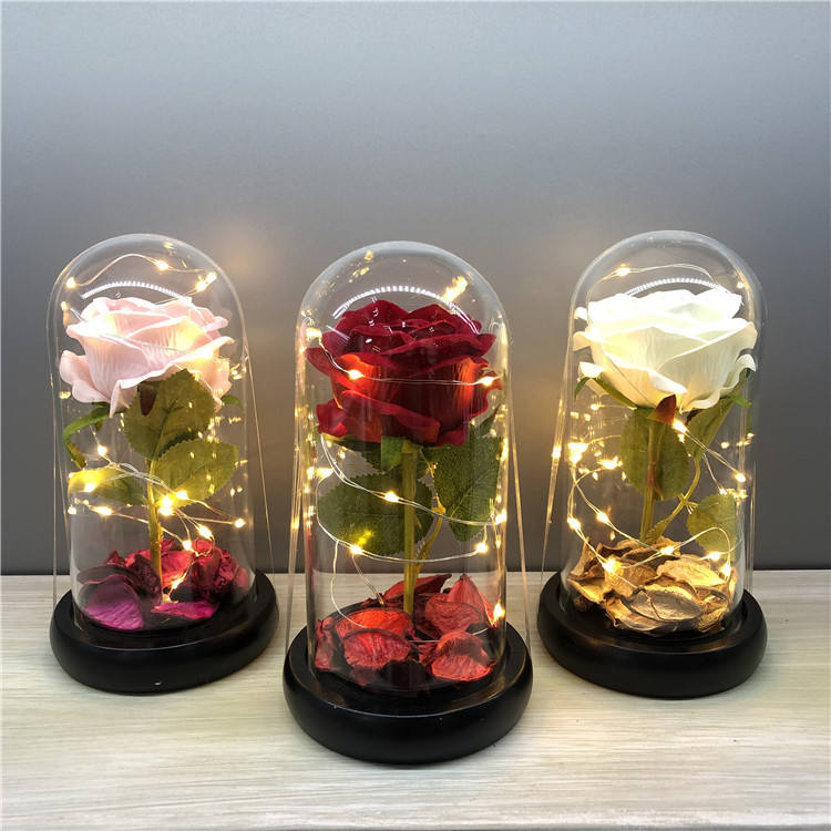 ODOROKU Silk Rose and Led Light with Fallen Petals in Glass Dome on Wooden Base Artificial Rose Rose Kit Rose Glass Dome Valentine's Day Anniversary Birthday Mothers Day Gift - ODOROKU