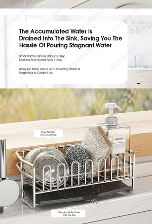 ODOROKU 304 Stainless Steel Sponge & Soap Holder with Drain Tray Rustproof Kitchen Slim Sink Caddy Kitchen Sink Organizer with Auto Draining Tray Sink Sponge Holder Self Drain Kitchen Sponge Holder Silver - ODOROKU