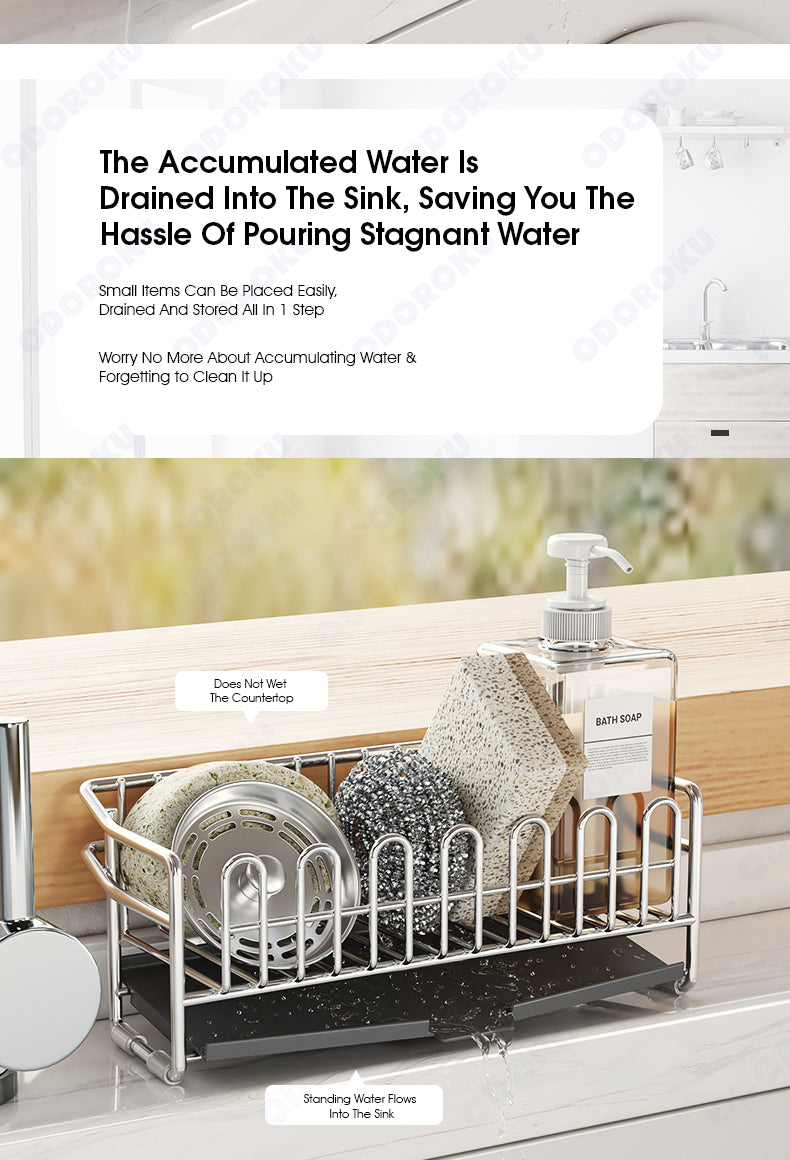 ODOROKU 304 Stainless Steel Sponge & Soap Holder with Drain Tray Rustproof Kitchen Slim Sink Caddy Kitchen Sink Organizer with Auto Draining Tray Sink Sponge Holder Self Drain Kitchen Sponge Holder Silver - ODOROKU