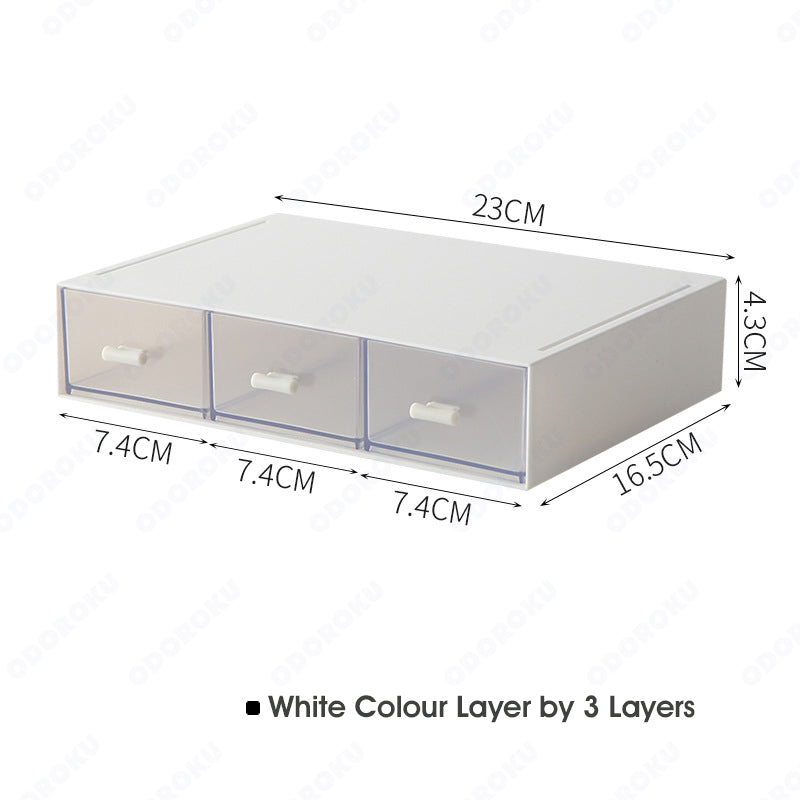 ODOROKU 1/2/3 Compartments Stackable Drawer Organizer Office Desk Organizer with Drawers Clear Plastic Desk Storage Box Desktop for Office School Home White - ODOROKU