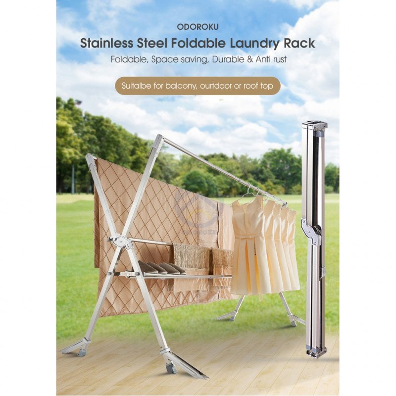 ODOROKU 2.4/2.6m Stainless Steel Extendable X Shape Drying Rack with Wheels & Windproof Support Foldable Space Saving - ODOROKU