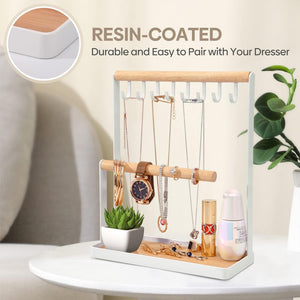 ODOROKU Jewelry Organizer Stand with Ring Holder Jewelry Holder Organizer with 8 Hooks Necklace Organizer and Watch Bracket Holder Jewelry Stand for Earring Necklaces Storage Wooden Handing Bar for Bracelets Watches Rings - ODOROKU