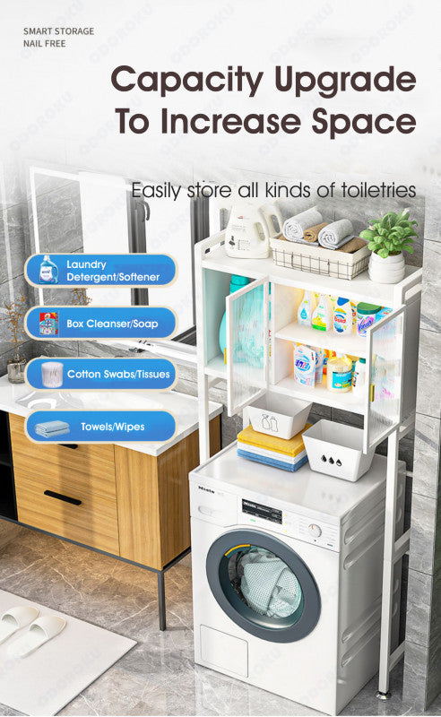 ODOROKU 2/3 Tiers Over the Washing Machine Rack with Magnetic Doors Over The Toilet Dryer Storage Cabinet Bathroom Shelf Over Toilet Bathroom Laundry Storage Cabinet Organizer - ODOROKU