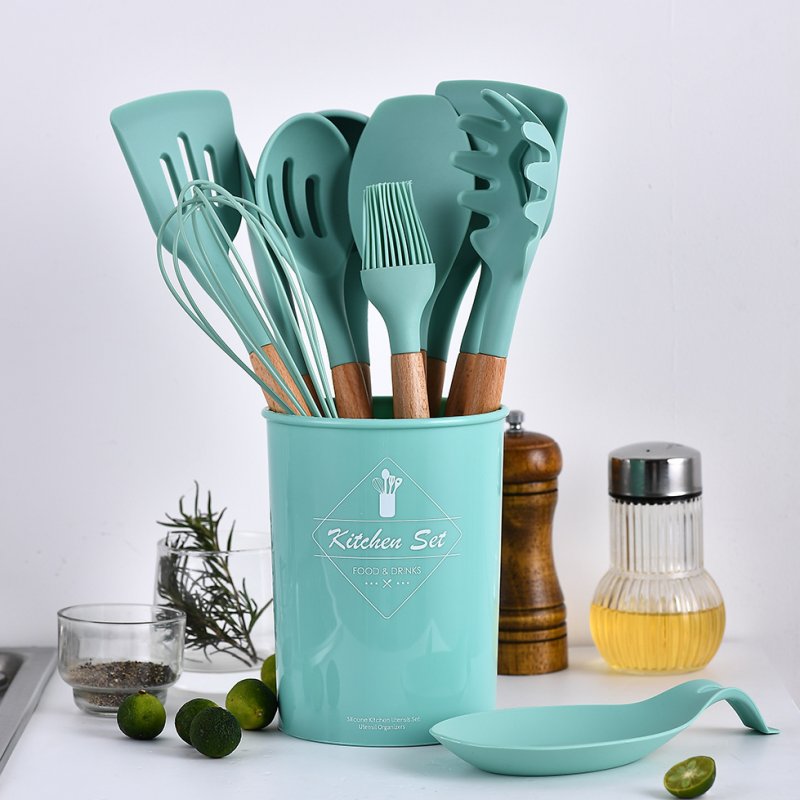 ODOROKU 11 Pcs Silicone Kitchen Utensil Set With Holder Heat Resistant Tools With Wooden Handle Nonstick Non Scratch - ODOROKU