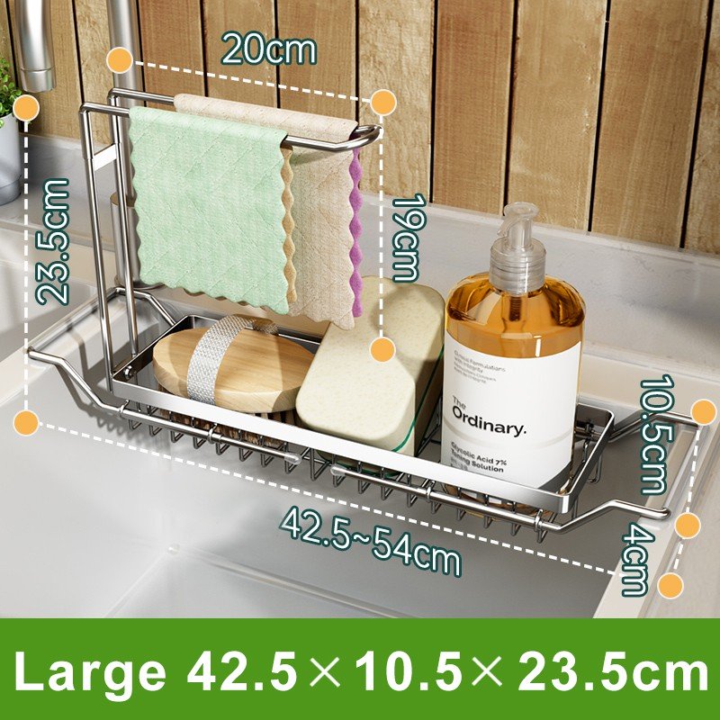 ODOROKU 36-54cm Extendable Sink Organizer Rack Sponge Holder Cloth Holder for Kitchen Sink 304 Stainless Kitchen Sink Organizer, Rust Proof Water Proof, Larger Sink Brush Holder, No Drilling, Black Silver - ODOROKU