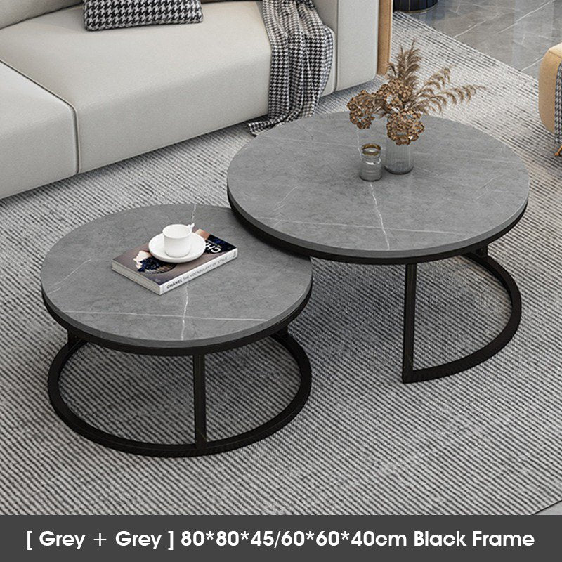 ODOROKU Sintered Stone Coffee Table Set of 2 Side Set Golden or Black Frame Circular and Marble Material Pattern Tables, Living Room Bedroom Apartment Modern Industrial Space Saving - ODOROKU