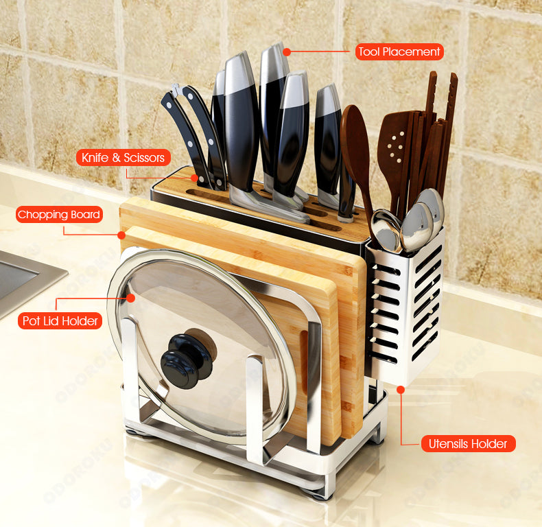 ODOROKU Cutting Board Organizer Holder Knife Block Holder Pot Lid Rack Drying Rack with Draining Tray Kitchen Countertop Cabinet Pantry Bakeware Cookware Storage Stand - ODOROKU