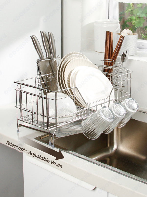 ODOROKU 1 Tier Expandable 304 Stainless Steel Dish Rack with Utensils Knife Cups Holder and Water Tray Extendable Dish Rack Kitchen Sink Organizer for Counter Dish Drying Rack Large Capacity Kitchen Accessories with Spout - ODOROKU