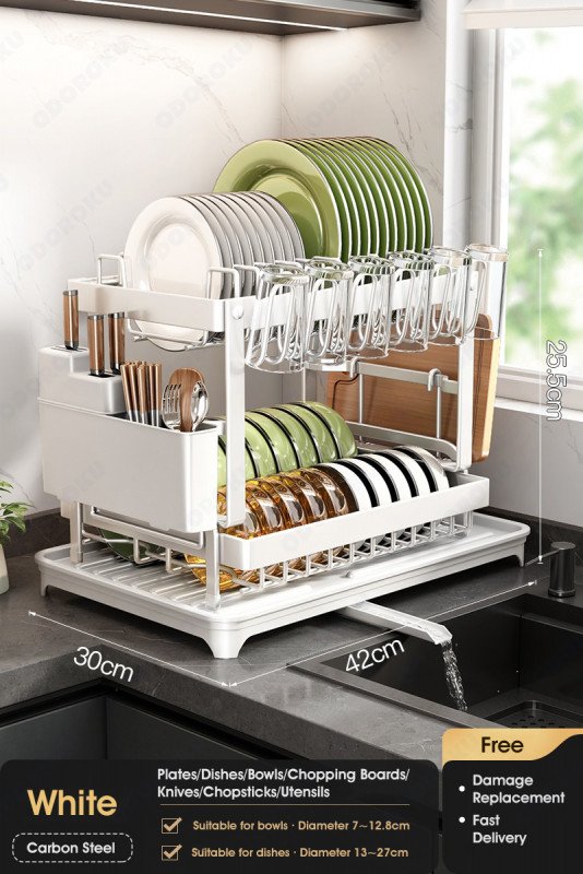 ODOROKU 2 Tier Dish Rack with Drainer Cup Holder Utensils Holder and Water Tray Dish Drying Rack Dish Racks for Kitchen Counter with Drainboard Dish Drainer with Drainage Utensil Holder for Dish/Knifes/Cup/Cutting Board Black White - ODOROKU