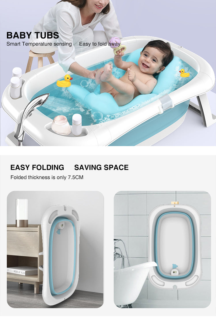 ODOROKU BPA FREE Baby Foldable Bath Tub FREE Anti-Slip Cushion Travel Folding Temperature Sensor Baby Floating Mat Anti Slip New Style Baby Folding Bath Tub Infant Collapsible Portable Shower Basin, Space Saving Plastic Newborn Folding Bath Tub Basin - ODOROKU