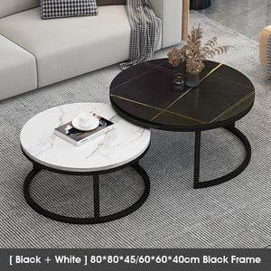 ODOROKU Sintered Stone Coffee Table Set of 2 Side Set Golden or Black Frame Circular and Marble Material Pattern Tables, Living Room Bedroom Apartment Modern Industrial Space Saving - ODOROKU