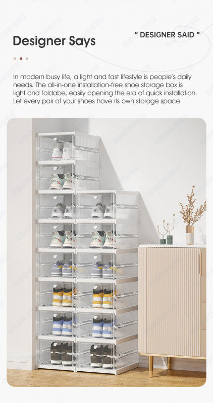 ODOROKU Set of 3/6/9/12 Foldable Shoe Rack Organizer Installation Free Plastic Collapsible Shoes Storage Box Clear Shoe Boxes Stackable with Door Easy Assembly Shoe Cabinet Bins with Lids - ODOROKU