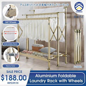 ODOROKU Aluminum Foldable Laundry Rack with Wheels Telescopic Rack Extendable Foldable Clothes Heavy Duty - ODOROKU