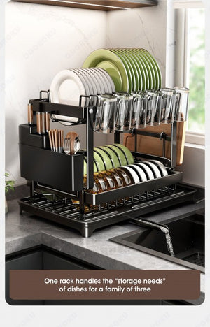 ODOROKU 2 Tier Dish Rack with Drainer Cup Holder Utensils Holder and Water Tray Dish Drying Rack Dish Racks for Kitchen Counter with Drainboard Dish Drainer with Drainage Utensil Holder for Dish/Knifes/Cup/Cutting Board Black White - ODOROKU