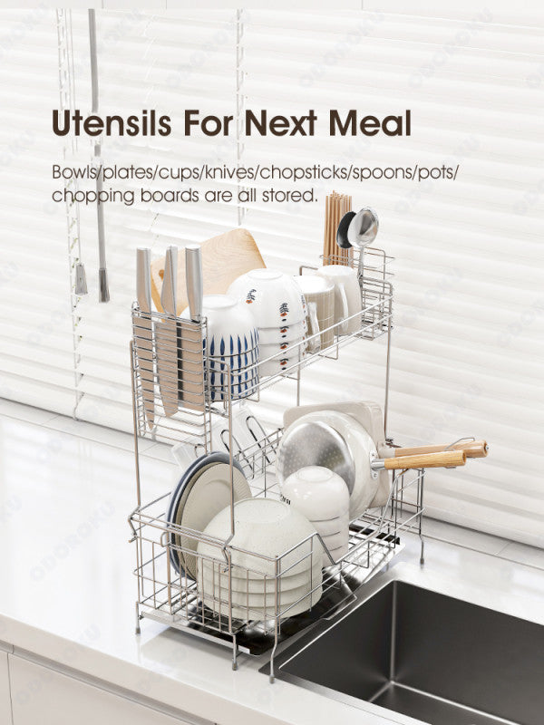 ODOROKU 2 Tier Expandable 304 Stainless Steel Dish Rack with Utensils Knife Cups Holder and Water Tray Extendable Dish Rack Kitchen Sink Organizer for Counter Dish Drying Rack Large Capacity Kitchen Accessories with Spout - ODOROKU