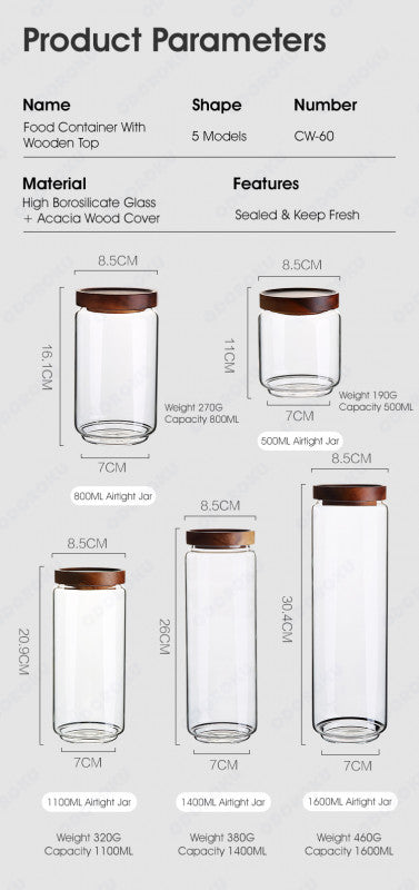 ODOROKU Glass Storage Jar Food Storage Container with Wooden Airtight Lids Acacia Wood Lid Cover Stackable Kitchen Canister Jars Container Air Tight Food Container For Serving Coffee, Tea, Spices, Sugar, Flour etc - ODOROKU