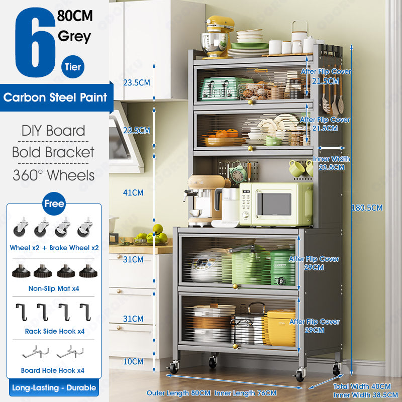 ODOROKU 80/100cm Heavy Duty Bakers Rack with Flip Door Kitchen Rack Microwave Rack with Wheels Kitchen Storage Rack with Wire Holes Kitchen Multi-Tier Rack for Spices Pots and Pans Black White - ODOROKU