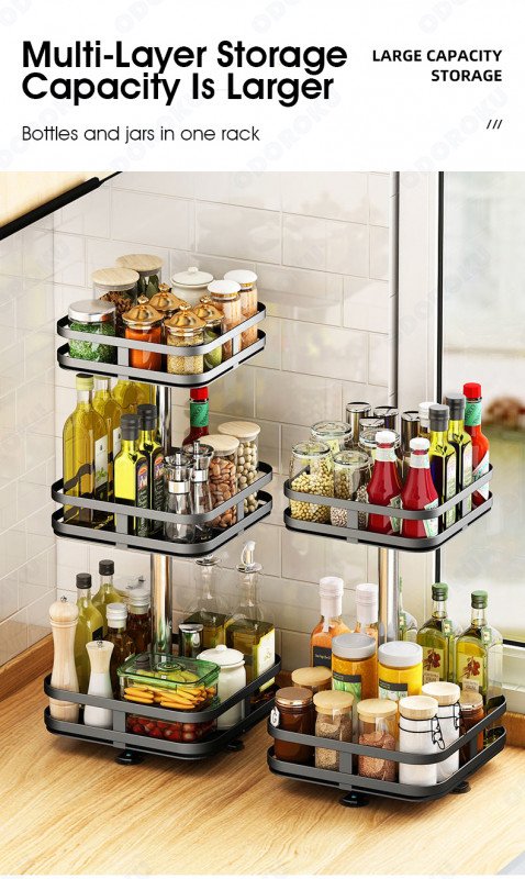 ODOROKU 1/2/3 Tier Rotating Spice Rack Height Adjustable Spice Shelf 360 Degree Round Rotatable Seasoning Organizer for Kitchen Bathroom Black White - ODOROKU