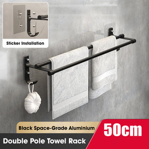 ODOROKU Aluminium Wall Mounted Bathroom Towel Storage Rack with Hook Double Tier Towel Hanger Toilet Bathroom Towel Rack Wall Hanging Black Towel Rack Bathroom Storage Space Saver Nail Free Installation Silver Black - ODOROKU