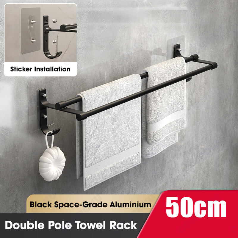 ODOROKU Aluminium Wall Mounted Bathroom Towel Storage Rack with Hook Double Tier Towel Hanger Toilet Bathroom Towel Rack Wall Hanging Black Towel Rack Bathroom Storage Space Saver Nail Free Installation Silver Black - ODOROKU