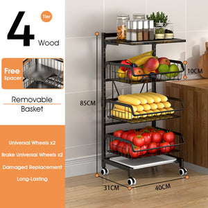 ODOROKU 3/4 Tier Adjustable Height Fruit Vegetable Basket Cart with Wooden Board Stackable Metal Wire Storage Cart for Pantry Organization Rolling Pantry Utility Kitchen Cart - ODOROKU