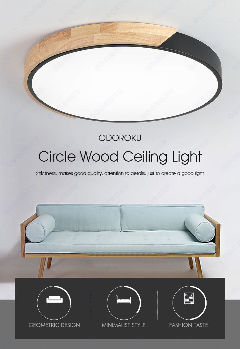 ODOROKU Circle Modern LED Ceiling Light Minimalist Wood Style Flush Mount Ceiling Light Fixture Circle Lighting Lamp with Acrylic Lampshade for Bedroom Living Room Dining Room Laundry Black White - ODOROKU