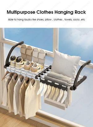 ODOROKU 42-110cm Telescopic Clothes Drying Rack Balcony Stainless Steel Extendable Folding Towel Laundry Hanger Hanging Dry Drying Window Rack with Clips and Hooks - ODOROKU