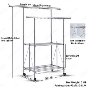 ODOROKU Foldable and Expandable Stainless Steel Clothes Rack with Wheels Laundry Rack Clothes Garment Rack Foldable Rack Collapsible and Extendable Clothing Shelf - ODOROKU