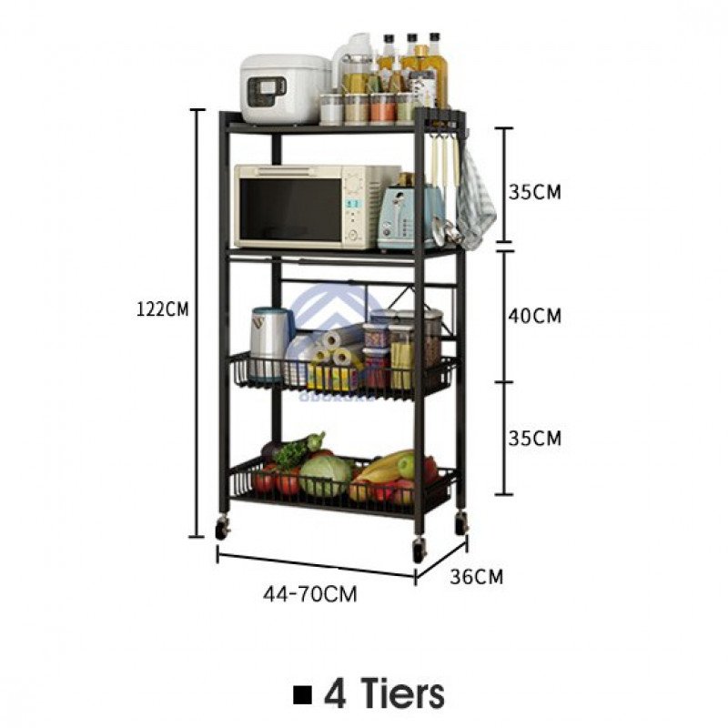 ODOROKU 2/3/4 Tiers Adjustable Kitchen Basket Rack with Wheels Microwave Oven Rack Kitchen Organizer Expandable Length - ODOROKU