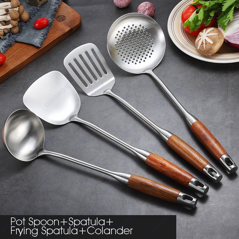 ODOROKU 304 Stainless Steel Cooking Utensils Set with Rosewood Handle Cooking Utensil Spatula Pot Spoon Frying Spatula Colander Heat Resistant Wooden Handle Kitchen Tools - ODOROKU