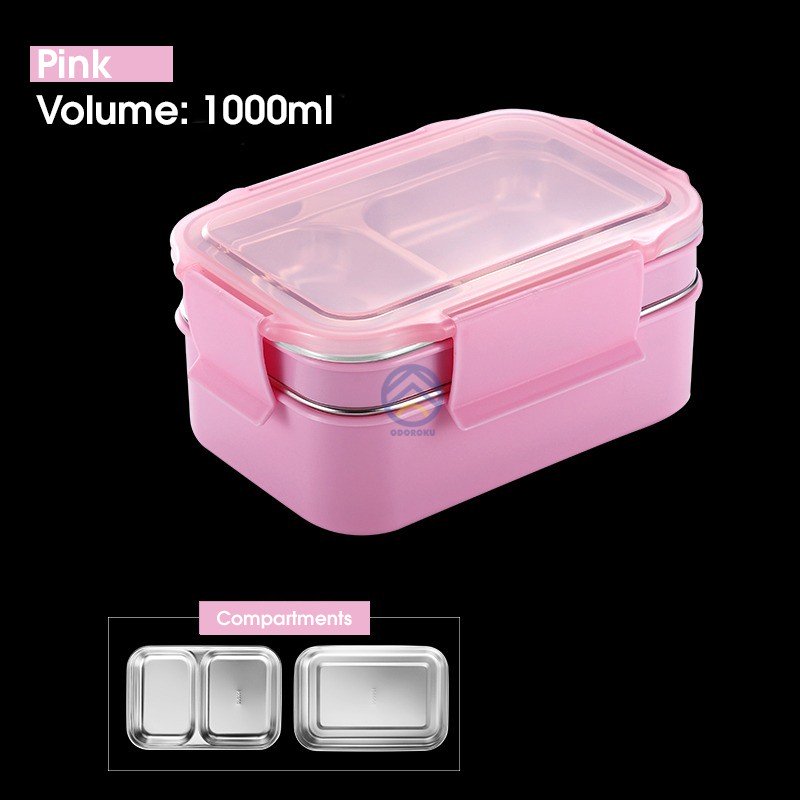 ODOROKU 304 Stainless Steel 2 Levels Bento Box Japanese Lunch Box Kit 1000ml ,2Compartment Leak-proof Bento Lunch Box - ODOROKU