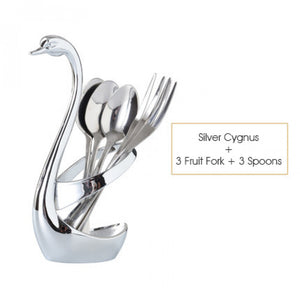 ODOROKU 304 Stainless Steel Flatware Set Dessert Cutlery Set Swan Tableware Storage Rack Base Fruit Utensil Forks Spoons Silver Flatware Set for Kitchen Silverware Modern Silver Holder - ODOROKU