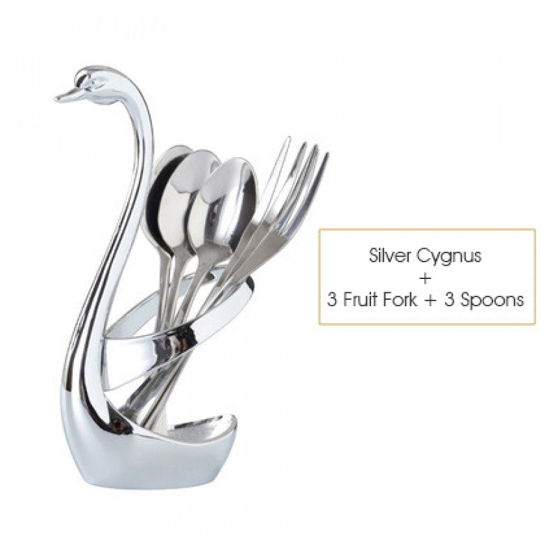 ODOROKU 304 Stainless Steel Flatware Set Dessert Cutlery Set Swan Tableware Storage Rack Base Fruit Utensil Forks Spoons Silver Flatware Set for Kitchen Silverware Modern Silver Holder - ODOROKU