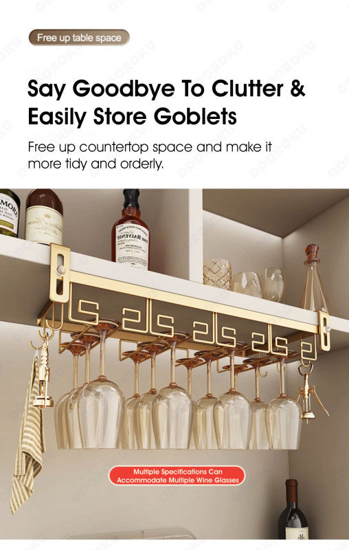 ODOROKU 2/3/4 Slots Adjustable Wine Glass Holder Under Shelf Nail Free Metal Stemware Holder Storage Hanger Hanging Wine Glasses Rack Organizer Under Cabinet Mount for Bar Kitchen Gold White - ODOROKU