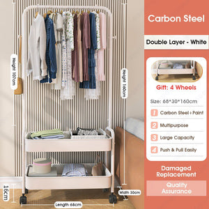 ODOROKU Clothing Rack with Basket and Wheels Portable Garment Rack Rolling Clothes Organizer Metal Basket Laundry Cart Small Wardrobe Rack on Wheels for Bedroom Laundry and Entryway - ODOROKU