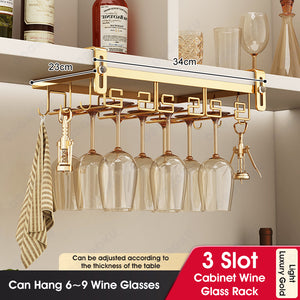 ODOROKU 2/3/4 Slots Adjustable Wine Glass Holder Under Shelf Nail Free Metal Stemware Holder Storage Hanger Hanging Wine Glasses Rack Organizer Under Cabinet Mount for Bar Kitchen Gold White - ODOROKU