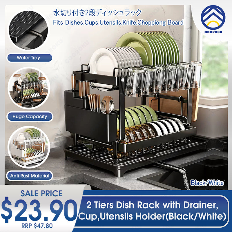 ODOROKU 2 Tier Dish Rack with Drainer Cup Holder Utensils Holder and Water Tray Dish Drying Rack Dish Racks for Kitchen Counter with Drainboard Dish Drainer with Drainage Utensil Holder for Dish/Knifes/Cup/Cutting Board Black White - ODOROKU