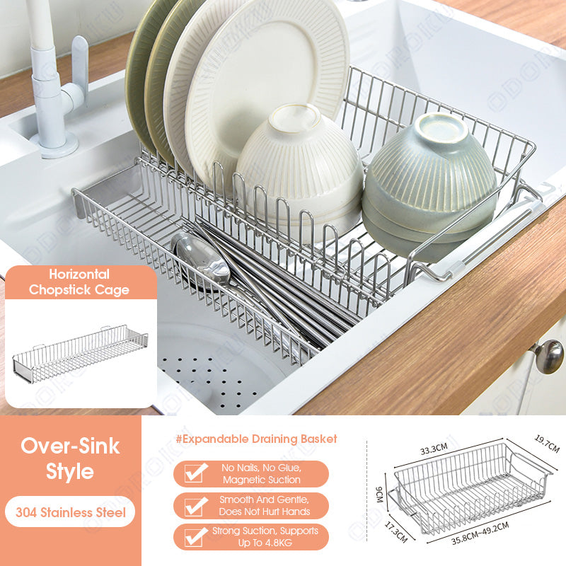 ODOROKU 304 Stainless Steel Extendable Over the Sink Dish Rack With Chopstick Tray Drying Organizer Dish Drying Rack Draining Basket Adjustable Expandable Large Capacity Storage For Fruits Vegetables Bowls Plates Utensils Cutlery Kitchen Storage - ODOROKU