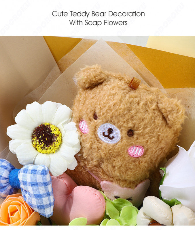 ODOROKU Handmade Plush Bear Bouquet with Artificial Flowers Soap Rose Bouquet Gift with Teddy Bear and Ribbon Birthday Bridal Shower Graduation Mother's Day Gift - ODOROKU