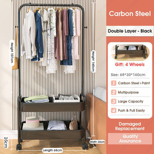 ODOROKU Clothing Rack with Basket and Wheels Portable Garment Rack Rolling Clothes Organizer Metal Basket Laundry Cart Small Wardrobe Rack on Wheels for Bedroom Laundry and Entryway - ODOROKU