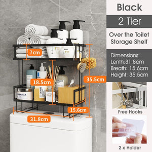 ODOROKU Bathroom 1/2 Tier Over The Toilet Storage Shelf Bathroom Organizer with Hanging Hook & Adhesive Base No Drilling Space Saver Black White - ODOROKU