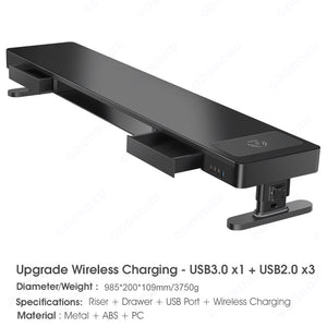 ODOROKU Height Adjustable Monitor Stand Computer Riser with USB & Wireless Charging Phone Charger 4 USB Ports Hub and Drawer Storage Metal Desktop Organizer Lifter Shelf for PC Screen Studio Display Office Gaming - ODOROKU