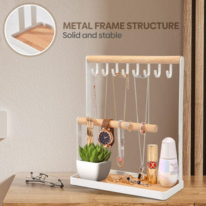 ODOROKU Jewelry Organizer Stand with Ring Holder Jewelry Holder Organizer with 8 Hooks Necklace Organizer and Watch Bracket Holder Jewelry Stand for Earring Necklaces Storage Wooden Handing Bar for Bracelets Watches Rings - ODOROKU