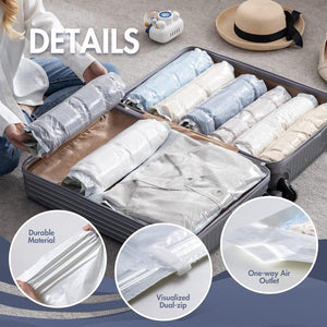 ODOROKU X Taili Rolling Travel Vacuum Compression Bag Roll Up Space Saver Bags No Vacuum Needed Reusable Packing Bags for Luggage Suitcase Backpack Travel Essentials Clothes Storage Bag Seal Bags Airtight Valve Double Zipper Seal - ODOROKU